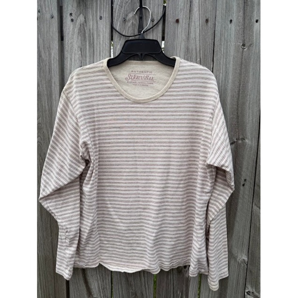 Casual Minimalist St Johns Bay Long Sleeve Shirt XL Beige Striped Crewneck
